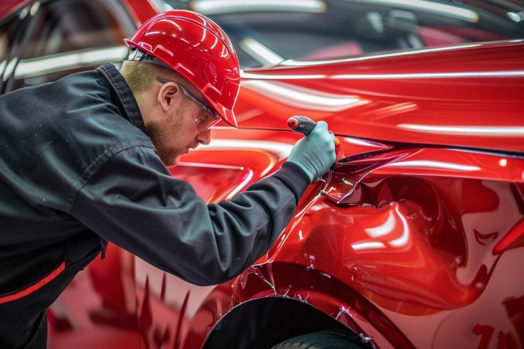 mężczyzna naprawia karoserię samochodową techniką PDR